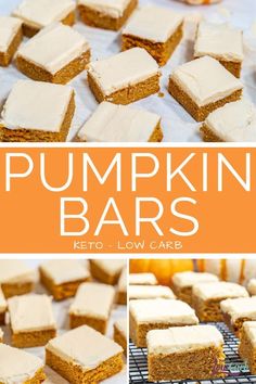 pumpkin bars with cream cheese frosting on top