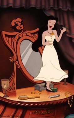 a woman in a white dress is standing on a table and looking at herself in the mirror