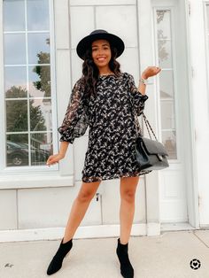 @Shopreddress #fallfashion #falldress #blackandwhite #florals #fashion #fashionblogger #bloggertips #bloggerstyle #styleinspiration #ootd #womensclothing #falloutfit #booties #hats #fallhats #rdbabe #ltkunder50 Black White Floral Dress, Fall Hats, Blogger Tips, White Floral Dress, Black Booties, Outfit Details, Fall Dresses, Black Floral, Floral Dress