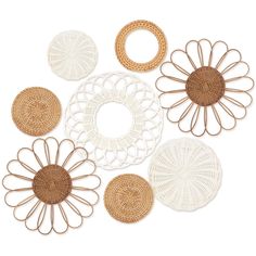 wicker and rattan wall hangings in various shapes, sizes and colors on a white background