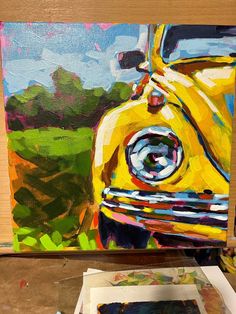 an oil painting of a yellow car in the process of being painted by someone else