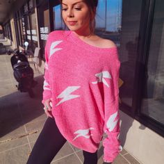 This Electrifying Sweater Will Give You An Instant Charge Of Cool! Show Off Your Bold Style With Hot Pink And White Lightning Bolts. Perfect For Curvy And Non-Curvy Girls Alike, For An Extra Trendy Look, It's Great Oversized, Too! Sizing Runs True To Size Nicole Is 5'4, 135lbs, And Is Shown Wearing 1xl/2xl For The Oversized Look! Chunky Oversized Sweater, White Lightning, Lightning Bolts, Polka Dot Sweater, Orange Sweaters, Cozy Pullover, Open Knit Cardigan, Bold Style, Round Neck Sweaters