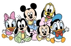 mickey mouse and other cartoon characters posing for a group photo in front of a white background