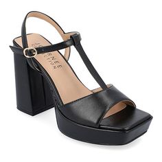 The Parson platform sandals from Journee Collection will be the star of the show wherever you go with their metallic luxe vegan leather. Keep that style going with their buckled ankle strap, t-strap design, and covered block heel. As a bonus, their padded footbed will make them one of the most comfortable pairs of shoes that you'll ever own. Closure Type: BucklePlatform Shoe Height: 1 InchShoe Heel Height: 4 InchesUpper/Outer Base Material: 100% PolyuretheneShoe Lining Material: PolyurethaneSole Platform Sandals Black, Ankle Strap Block Heel, Platform Block Heels, Leather Platform Sandals, Black Sandals Heels, Famous Footwear, Shoe Carnival, Round Toe Heels, Open Toe Sandals