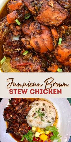 jamaican brown stew chicken is served in a white bowl and garnished with green onions