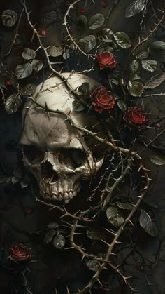 a painting of a skull surrounded by branches with roses on it's head and eyes