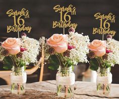 Sweet Sixteen Party Centerpieces, Sweet Sixteen Flower Arrangements, Sweet 16 Party Table Decorations, Oh How Sweet 16 Party, Sweet Sixteen Boho Theme, Centerpieces For 18th Birthday Party, Sweet 16 Flower Centerpieces, Sweet Sixteen Table Decor, 16 Birthday Party Color Schemes