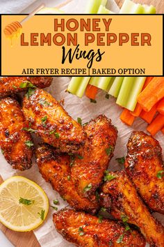 Honey lemon pepper wings with text overlay for Pinterest sharing. Air Fryer Recipes Chicken Wings, Air Fryer Wings, Lemon Pepper Wings