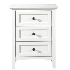 a white nightstand with three drawers and two knobs on the bottom, against a white background