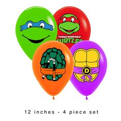 four balloons with teenage mutant turtles on them and the words teenage mutant turtles printed on them