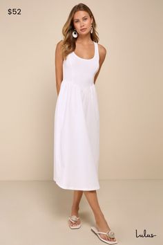 Warm, sunny days call for an ideal look like the Lulus Summer Beauty White Ribbed Twist-Back Midi Dress! This perfect summer dress features a ribbed knit bodice with princess-seaming and a scoop neckline, supported by tank straps that twist at the back and create a cute cutout. A romantic Basque waist sits atop a woven cotton A-line skirt that finishes at a midi hem. Fit: This garment fits true to size. Length: Mid-calf length. Size medium measures 39" from shoulder to hem. Bust: Great for any c Dinner Dress Casual, Summer Knit Dress, Knit Summer Dress, Neutral Dresses, Basque Waist, Glamorous Fashion, Casual Formal Dresses, Rehearsal Dinner Dresses, White Sundress