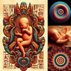 an image of a baby surrounded by other pictures and artwork, including the birth of a child