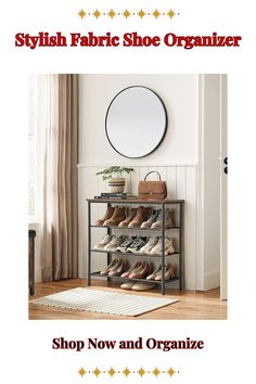 Entryway shoe storage rack ideas: Need a versatile solution for organizing 9-12 pairs of shoes? This 4-tier shoe rack with 3 fabric shelves and a wooden top is perfect for entryways or small spaces. Its rustic brown finish and sturdy steel frame blend seamlessly with industrial home decor, adding both style and functionality. Click now to declutter your entryway with this elegant and practical organizer! #EntrywayStorage #FabricShelves #HomeDecorIdeas