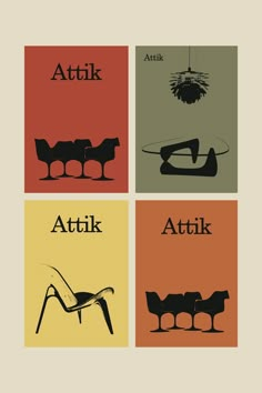 four different types of chairs with the words attik on them