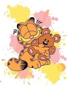 two teddy bears hugging each other on a colorful background