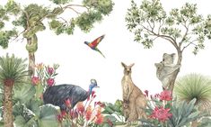 a painting of birds, kangaroos and other animals