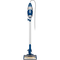 a blue and silver vacuum on a white background