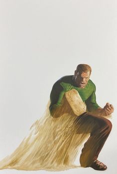 a painting of a man in green shirt and brown pants sitting on a piece of wood