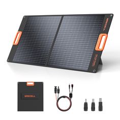 an orange and black solar panel with power cords