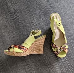 New Without Tags! There Are A Few Creases From Storage. Platform Wedges Shoes, Funky Shoes, Wedges Shoes, Green Heels, Chunky Shoes, Gorgeous Clothes, Aesthetic Shoes, Rare Gems, Manga Cosplay