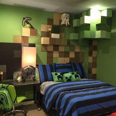 a bedroom decorated in minecraft style with green walls and blue bedspread, chair, desk and computer monitor