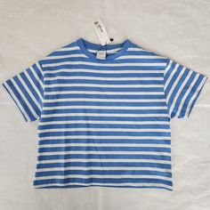 Nwt Zara Girl's Short Sleeve Tee Shirt Size 7 Blue Stripe Cute Trendy Blue Cotton Shirt, Basic Striped Short Sleeve Tops, Basic Blue Summer Tops, Basic Blue Tops For Summer, Trendy Light Blue Cotton Tops, Trendy Blue Cotton Top, Cute Blue Cotton Shirt, Basic Blue Spring Shirt, Zara Light Blue Tops For Summer