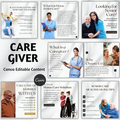 a collage of images with the words care giver and people in scrubs