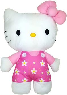 a hello kitty stuffed animal with pink and white flowers on it's chest,