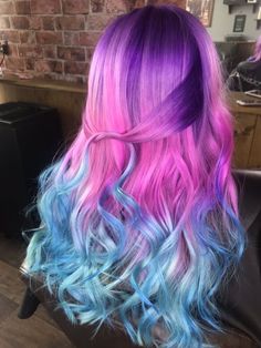 Purple pink blue hair  Unicorn mermaid hair Pink And Blue Ombre Hair, Pink Blue And Purple Hair, Pink Purple And Blue Hair, Pink Purple Blue Hair, Blonde Pink Purple Blue Hair, Blue Purple Hair, Unicorn Hair Color