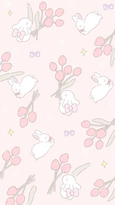 a pink wallpaper with rabbits and cherries on it