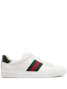 white leather signature Web-stripe trim contrasting branded heel counter decorative plaque round toe front lace-up fastening branded leather insole flat rubber sole This piece comes complete with a protective dust bag. Women's Gucci sneakers fit large. For the most comfortable fit please select half a size down. Gucci Elegant, Tenis Gucci, Gucci Ace Sneakers, Gucci Sneakers, White Leather Sneakers, Sneaker Games, Leather Cap, Comfortable Flats, Beach Tote Bags