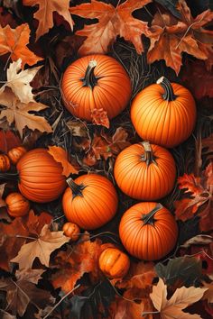 a painting of pumpkins and leaves on the ground