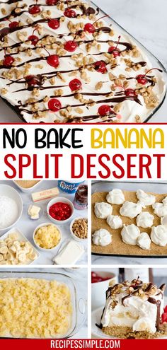 no bake banana split dessert recipe with text overlay that says no bake banana split dessert