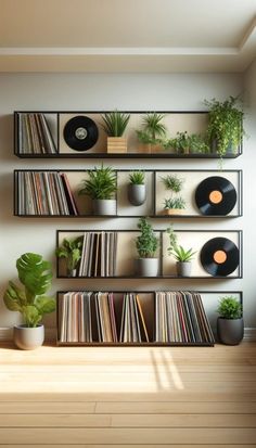 a record shelf with various records and plants on it