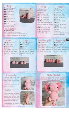 the instructions for how to crochet an elephant with pink yarn and pom poms