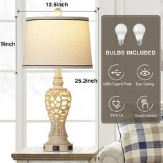 an image of a table lamp with measurements for the bulb and plugs included on it