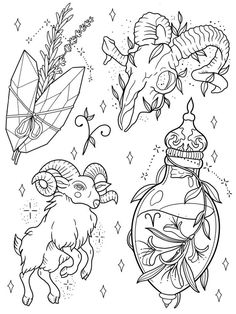 three different zodiac symbols in black and white, one with an animal on it's head