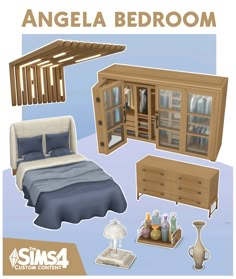 an image of a bedroom with furniture and bedding in blue tones for the simsa 4