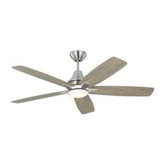 a ceiling fan with three blades and two light bulbs on the blade, in a white background