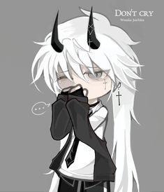 an anime character with horns on his head and long white hair, wearing black gloves