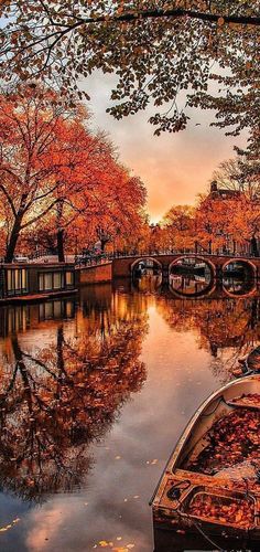 a boat floating on top of a river next to trees with orange leaves in the fall