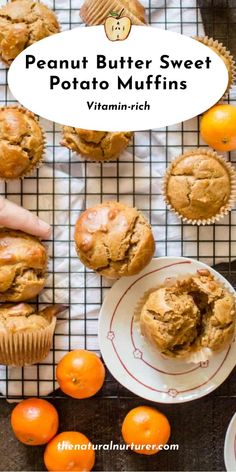 an overhead view of sweet potato breakfast muffins on a cooling rack with oranges