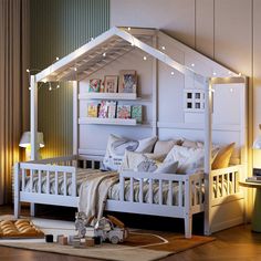 a child's bedroom with a white bed frame and lights on the headboard