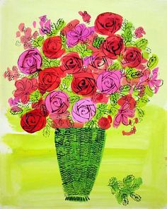 a painting of red and pink roses in a green vase