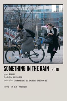 an advertisement for something in the rain with two people riding bikes and one person walking