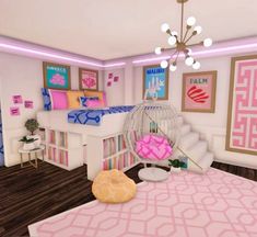 a bedroom with pink and blue decor on the walls