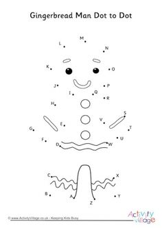 the gingerbread man dot to dot is shown in black and white, with an image of