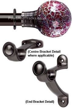 the details of a curtain rod with glass ball and metal hardware on each one side