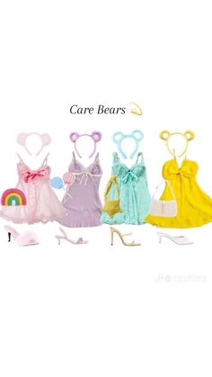 four different types of clothing and shoes for barbie dolls, with the words care bears on them