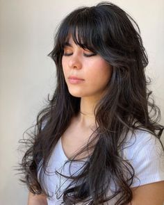 Long Wispy Curls and Curtain Bangs Layers For Long Hair With Bangs Fringes, Long Brunette Hair With Layers And Bangs, Long Bangs With Wavy Hair, Long Layered Haircuts With Fringe Wispy Bangs, Long Messy Haircut, Shaggy Layers With Curtain Bangs, Bangs On Dark Hair, Dramatic Curtain Bangs, Bangs Haircut Long